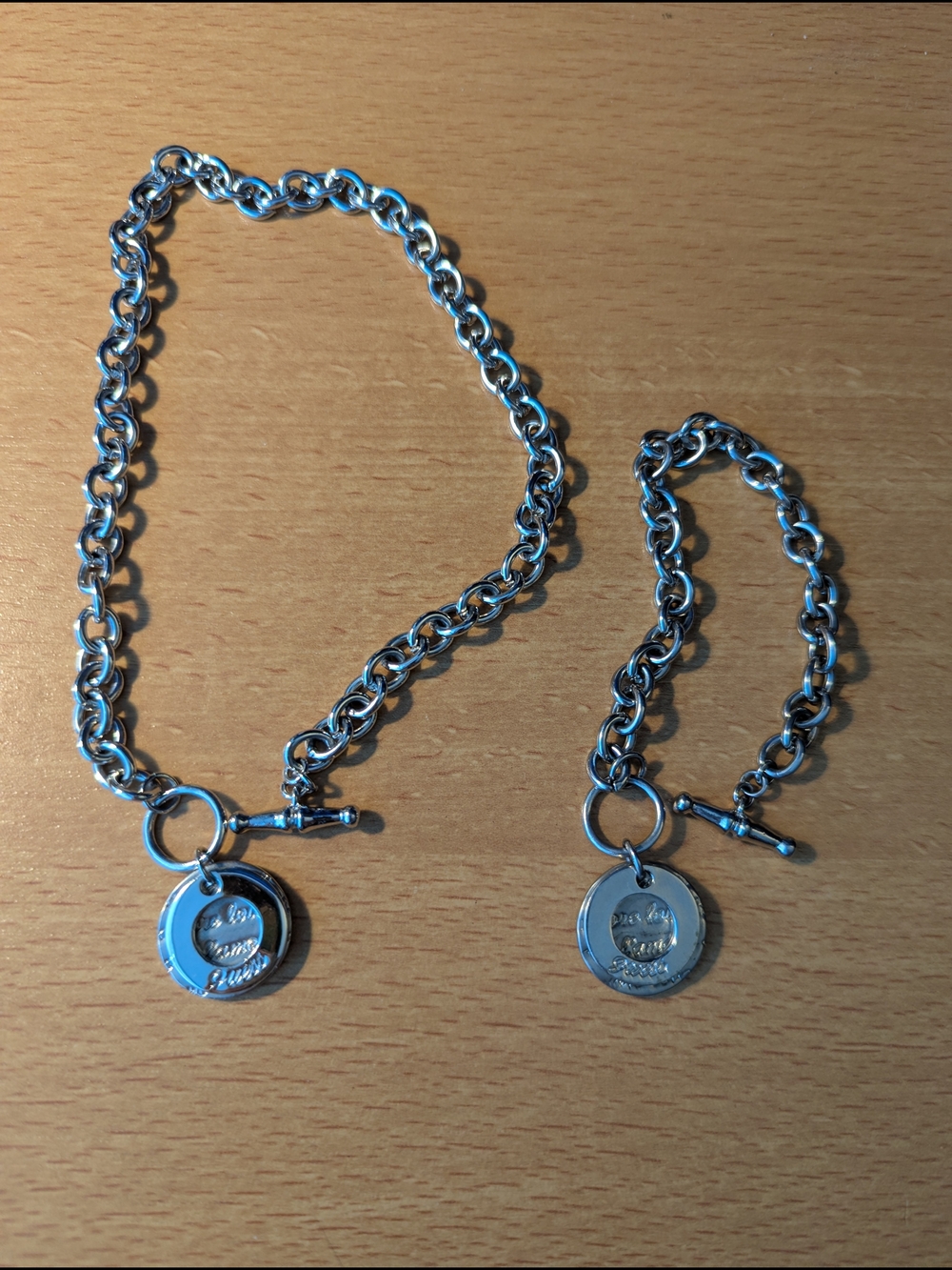 Guess Silver-Tone Chain Necklace and Bracelet Set with Round Logo Charms